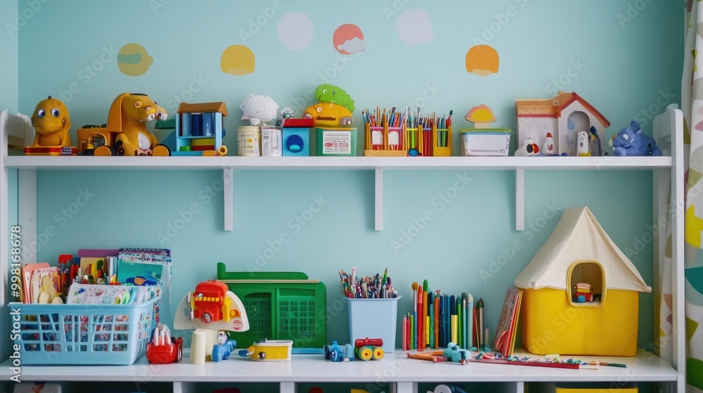 A shelf in a chils room with a collection of toys, books, and art supplies arranged neatly. A shelf in a chils room with a collection of toys, books, and art supplies arranged neatly.