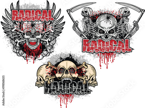 set,  aggressive emblem with skull,grunge vintage design t shirts
