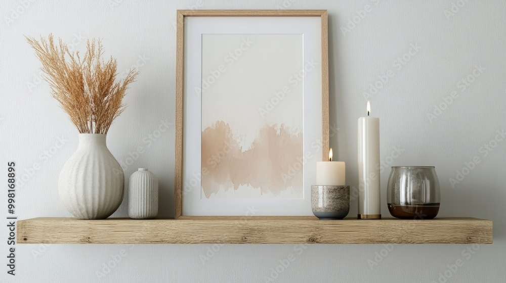 A simple bedroom shelf with a framed artwork, a candle, and a decorative plant. A simple bedroom shelf with a framed artwork, a candle, and a decorative plant.
