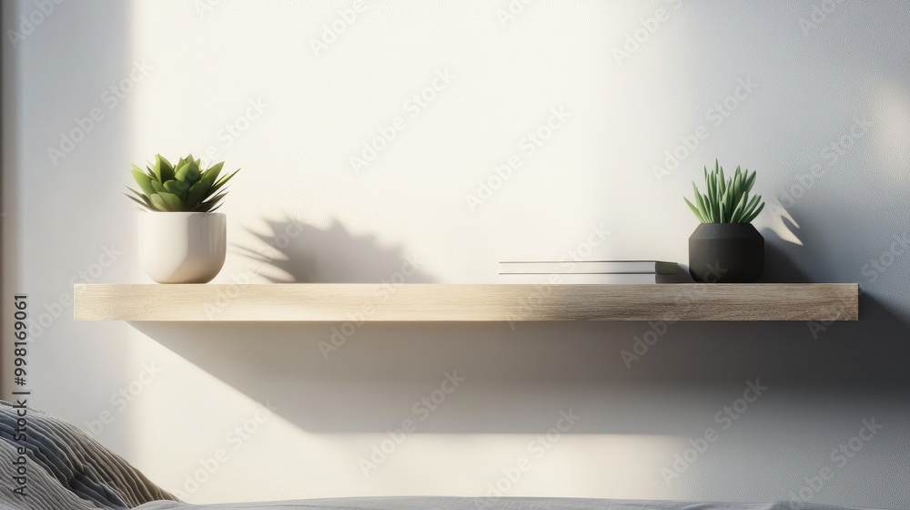 A sleek, modern floating shelf in a bedroom with minimal decor and a potted succulent. A sleek, modern floating shelf in a bedroom with minimal decor and a potted succulent.