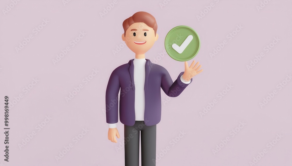 Confident businessman character giving thumbs up and approving with green checkmark icon showing positive attitude and successful agreement in office or business environment