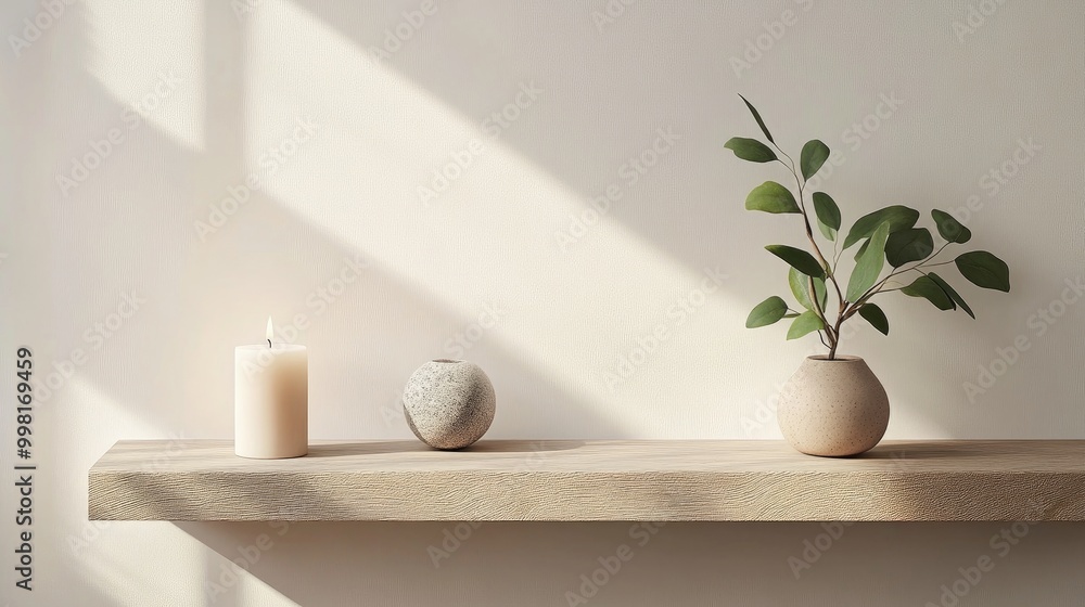A stylish bedroom shelf displaying a small sculpture, a candle, and an indoor plant. A stylish bedroom shelf displaying a small sculpture, a candle, and an indoor plant.