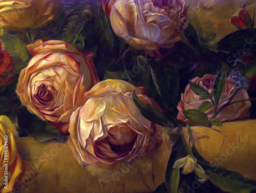 Bright bouquet of pink roses flowers. oil acril painting on canvas