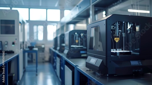 A high-tech 3D printing lab with advanced printers at work.