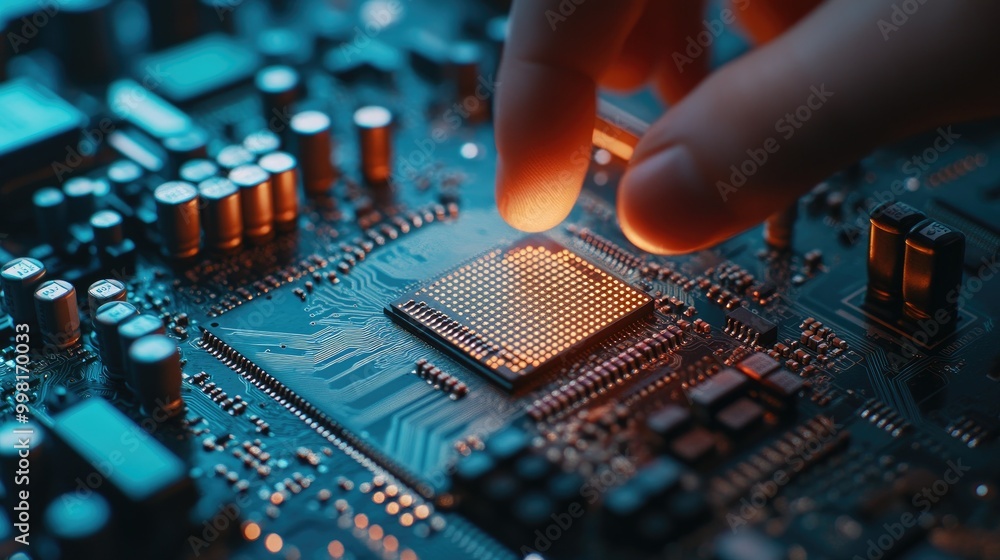 A technician handling a CPU chip above a circuit board, preparing to install it. A technician handling a CPU chip above a circuit board, preparing to install it.