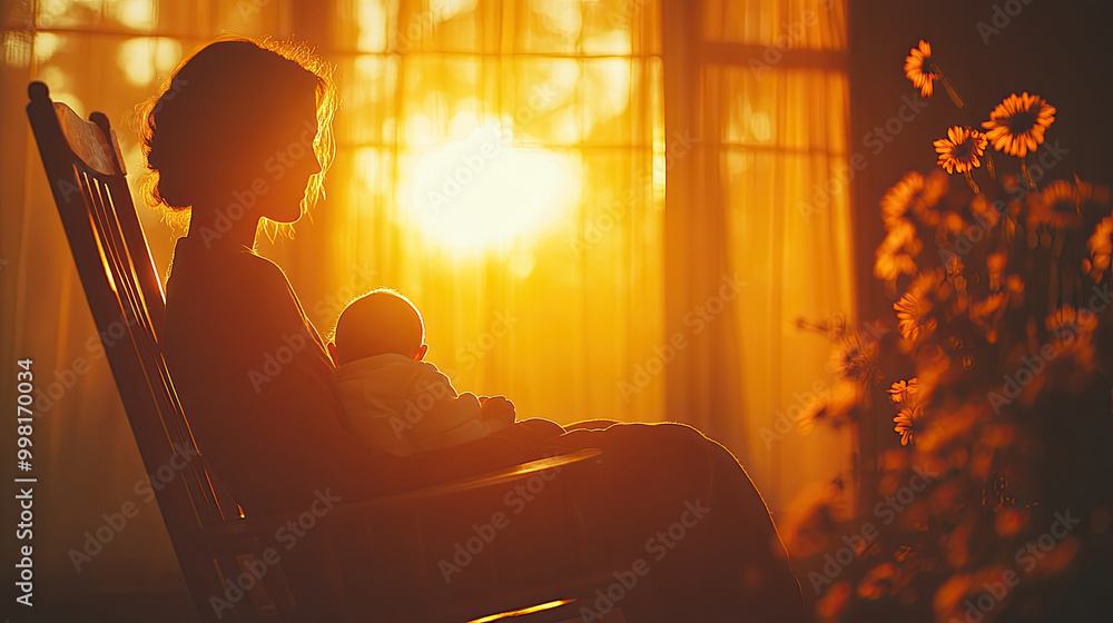 A mother peacefully cradles her baby in a rocking chair as the warm glow of sunset streams through the curtains, creating a serene atmosphere A mother peacefully cradles her baby in a rocking chair as the warm glow of sunset streams through the curtains, creating a serene atmosphere