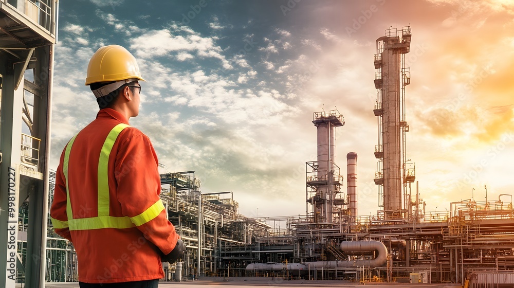 A man in a hard hat and safety vest stands looking at a large industrial facility. A man in a hard hat and safety vest stands looking at a large industrial facility.