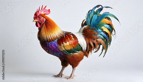 Illustrative depiction of a full-grown, proud and colorful rooster standing in front of a monochrome background photo