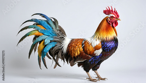 Illustrative depiction of a full-grown, proud and colorful rooster standing in front of a monochrome background photo