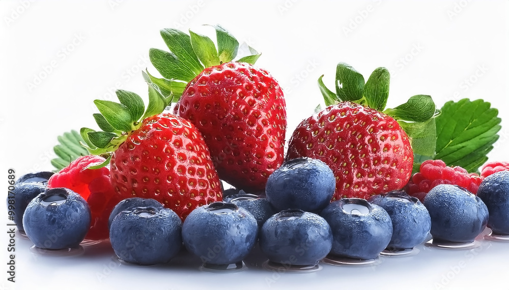 A bunch of fresh berries (strawberries, blueberries, raspberries) isolated on a white background, focus on the shine of water adhering to the surface of the fruit. A bunch of fresh berries (strawberries, blueberries, raspberries) isolated on a white background, focus on the shine of water adhering to the surface of the fruit.