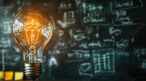 Illuminated light bulb against a chalkboard background