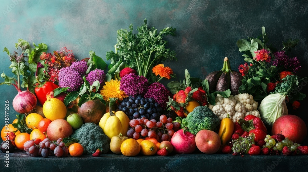 A Vibrant Still Life of Fruits, Vegetables, and Flowers A Vibrant Still Life of Fruits, Vegetables, and Flowers