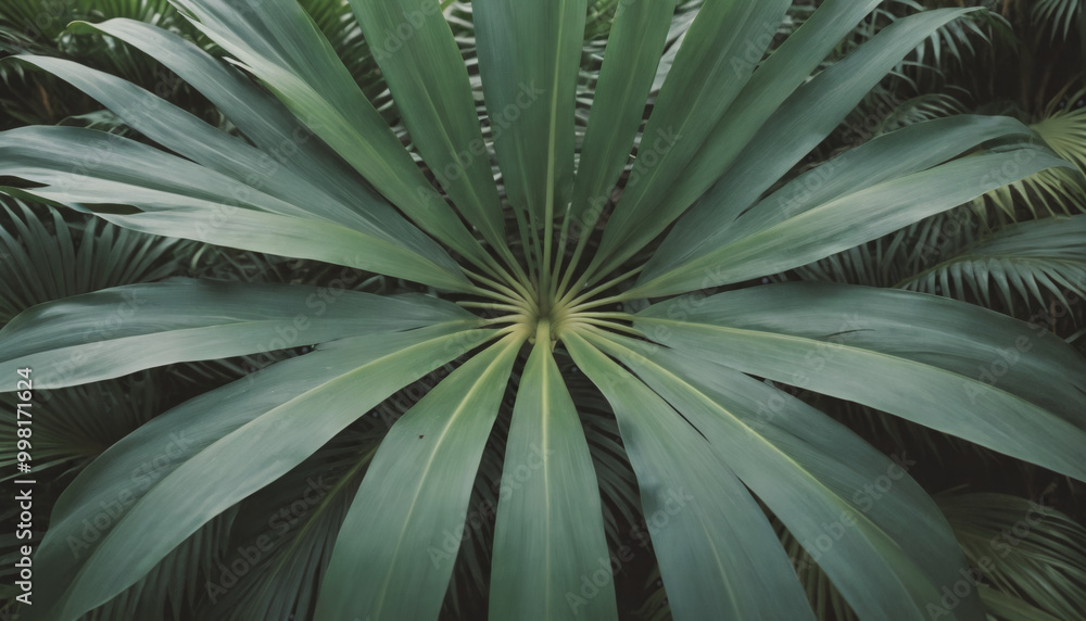 Close-up from above of green tropical palm leaves forming a closed canopy Close-up from above of green tropical palm leaves forming a closed canopy