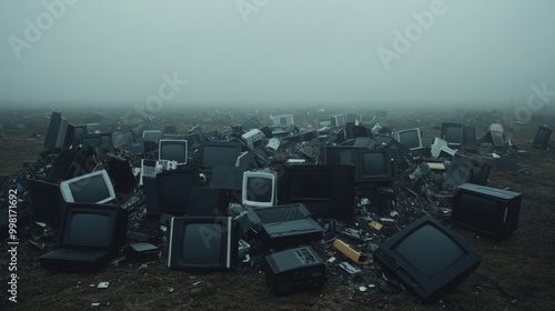 A desolate landscape filled with discarded old televisions, creating a haunting atmosphere of technology waste and neglect. photo