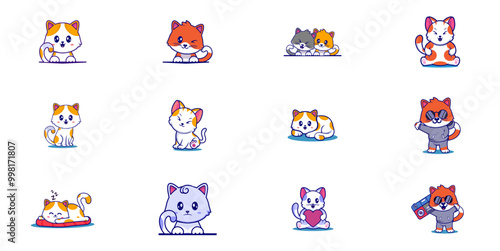 Set of cute cats with different colors. Cute kawaii cat vector set