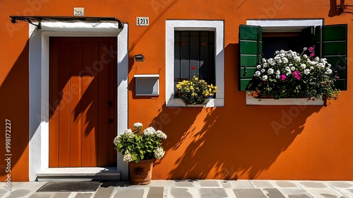 Orange Building with White Trim  Flowers  and Wooden Door photo