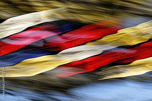 Abstract representation of colorful prayer flags in motion