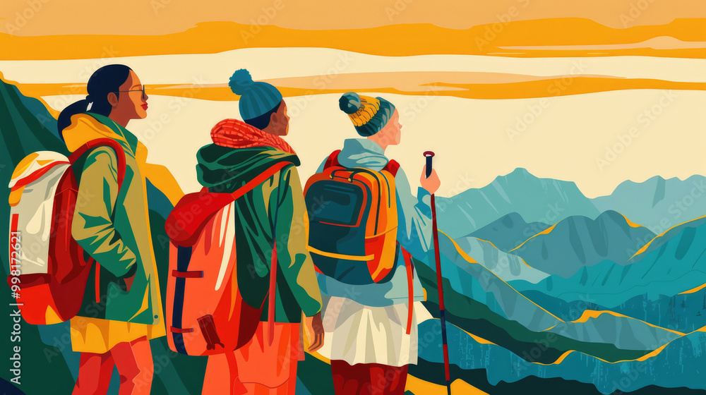 Fototapeta premium Hikers stand together, enjoying a stunning sunset over the mountains, dressed in warm clothing and surrounded by vibrant hues of nature