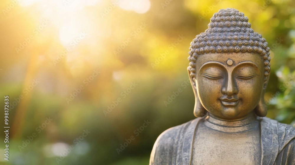 A serene Buddha statue basking in sunlight, surrounded by lush greenery, promoting peace and tranquility in a natural setting. A serene Buddha statue basking in sunlight, surrounded by lush greenery, promoting peace and tranquility in a natural setting.