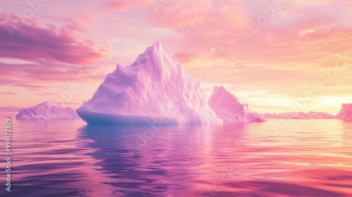 An iceberg glowing with a soft pink hue from the sunset, floating in a sea of pastel colors.