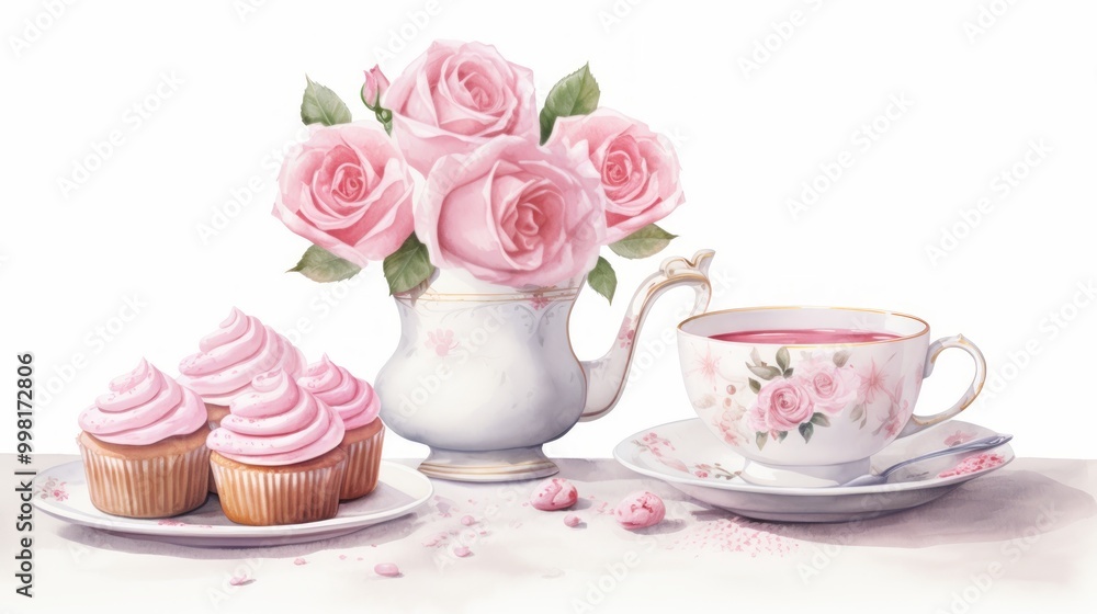 A serene tea setting with cupcakes and pink roses. A serene tea setting with cupcakes and pink roses.