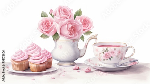 A serene tea setting with cupcakes and pink roses.