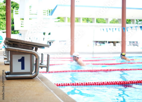 The starting platform for swimming competitions,number 1. During non-competition times,swimmers practice to keep their bodies fit.