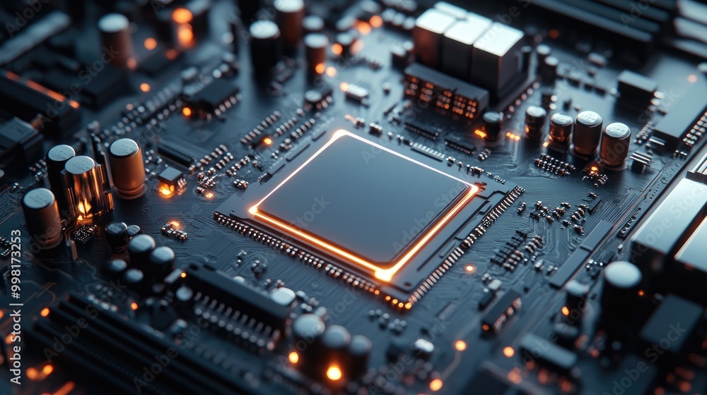 Close-up of a modern CPU surrounded by capacitors, resistors, and other components on a motherboard. Close-up of a modern CPU surrounded by capacitors, resistors, and other components on a motherboard.