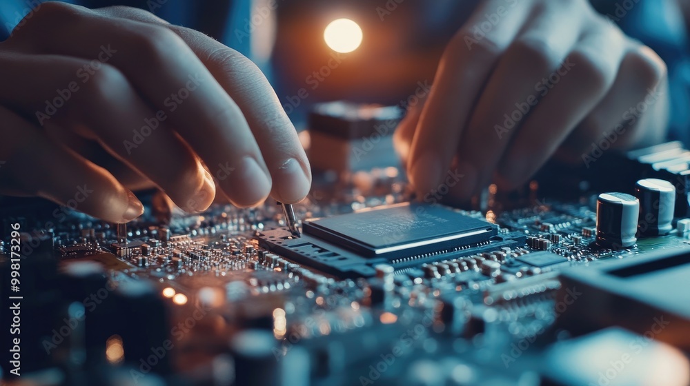 Close-up of a technician's hands installing a CPU onto a circuit board inside a computer case. Close-up of a technician's hands installing a CPU onto a circuit board inside a computer case.