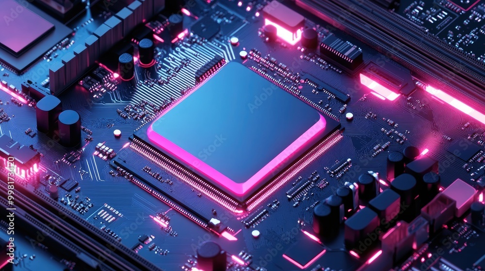 Fototapeta premium CPU installed on a motherboard, surrounded by power regulation circuitry and memory slots.