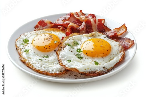 fried eggs on a plate isolated on white background