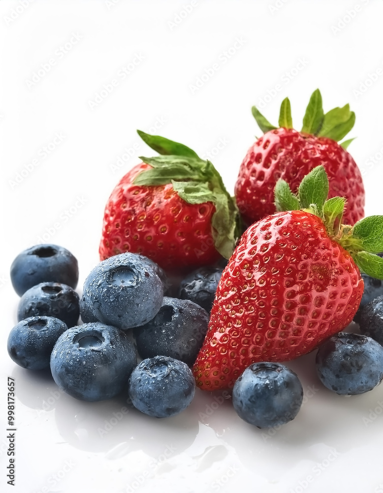 A bunch of fresh berries (strawberries, blueberries, raspberries) isolated on a white background, focus on the shine of water adhering to the surface of the fruit. A bunch of fresh berries (strawberries, blueberries, raspberries) isolated on a white background, focus on the shine of water adhering to the surface of the fruit.