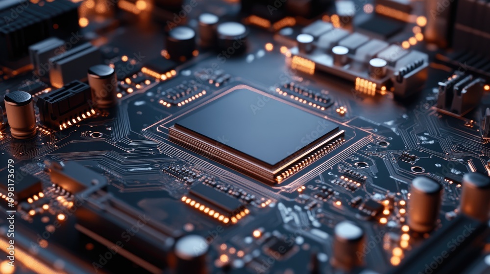 CPU socket on a computer motherboard with focus on the pins and surrounding components. CPU socket on a computer motherboard with focus on the pins and surrounding components.