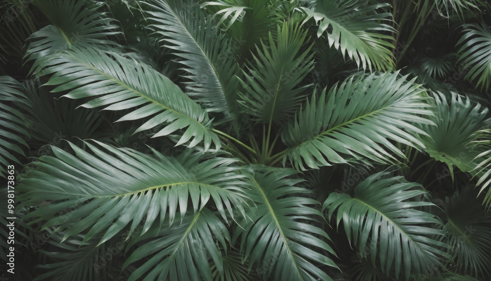 Close-up from above of green tropical palm leaves forming a closed canopy Close-up from above of green tropical palm leaves forming a closed canopy