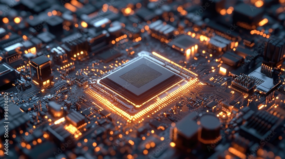 Macro shot of a CPU surrounded by metallic connectors and intricate circuit paths. Macro shot of a CPU surrounded by metallic connectors and intricate circuit paths.