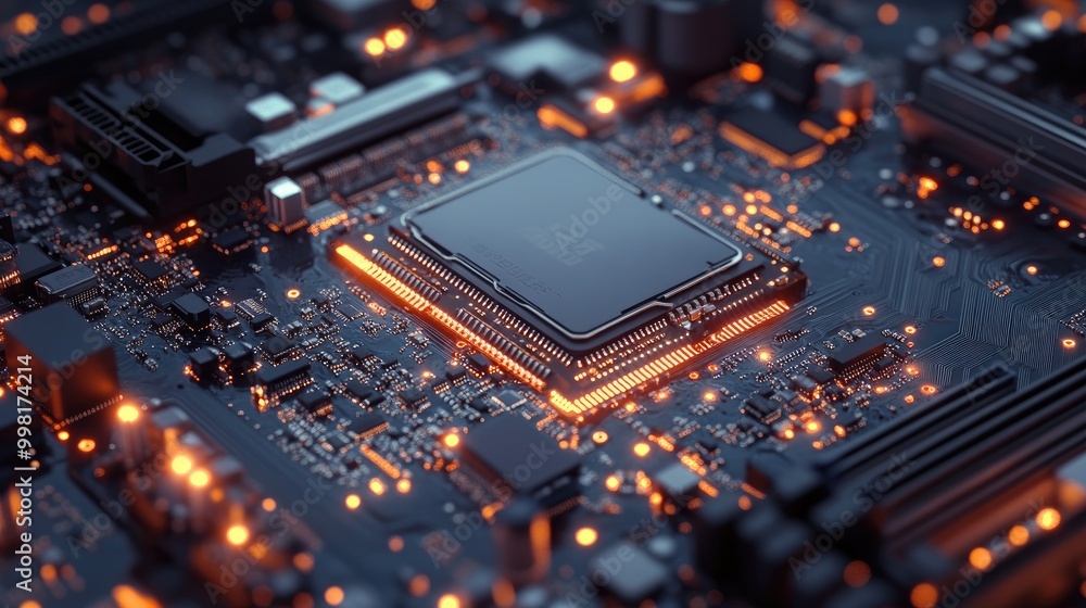 Macro view of a CPU installed on a motherboard circuit board with precise soldering and components. Macro view of a CPU installed on a motherboard circuit board with precise soldering and components.
