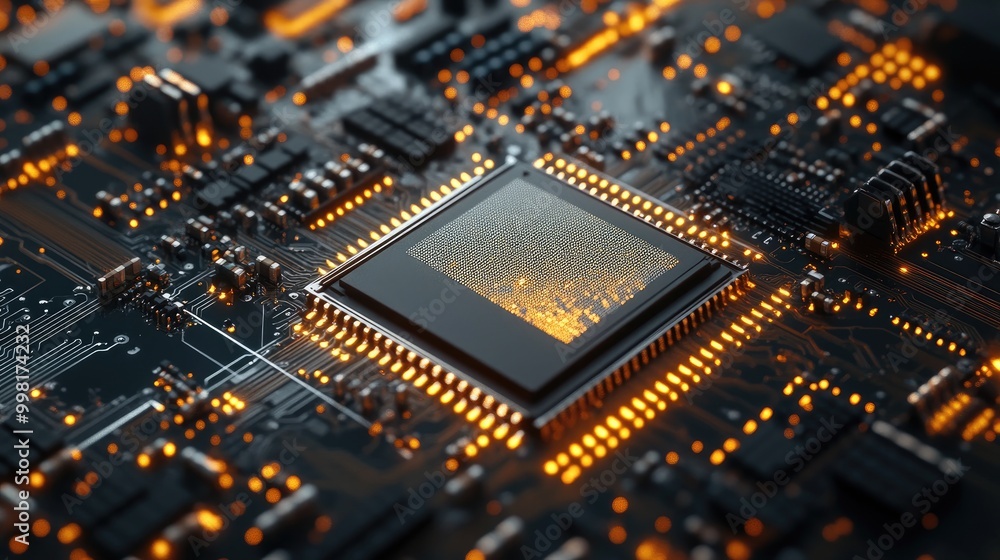 Macro view of a CPU on a circuit board with visible gold pins and detailed wiring. Macro view of a CPU on a circuit board with visible gold pins and detailed wiring.