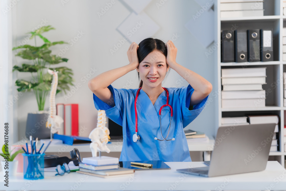 Overwhelmed Doctor: A young female doctor sits at her desk, hands on her head in a gesture of stress and frustration. She's wearing scrubs and a stethoscope. Overwhelmed Doctor: A young female doctor sits at her desk, hands on her head in a gesture of stress and frustration. She's wearing scrubs and a stethoscope.