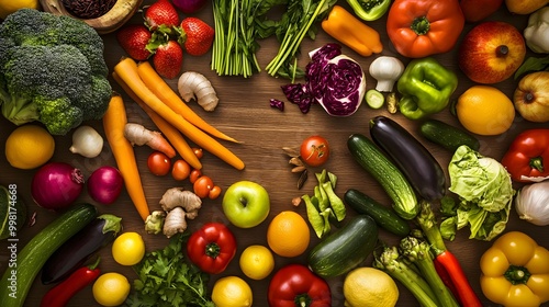 Fresh produce arranged on a wooden surface, showcasing a vibrant variety of fruits and vegetables.