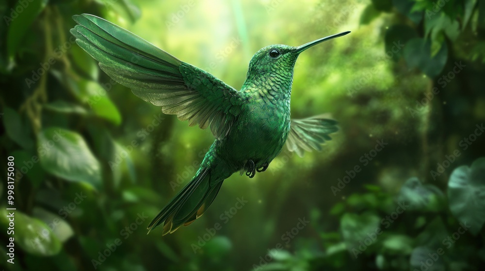 A Vibrant Green Hummingbird in Flight Amidst Lush Foliage A Vibrant Green Hummingbird in Flight Amidst Lush Foliage