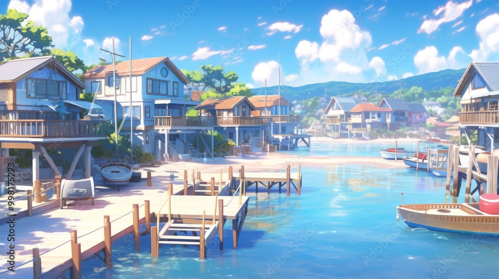 Fototapeta premium Coastal Village with Boats and Wooden Docks
