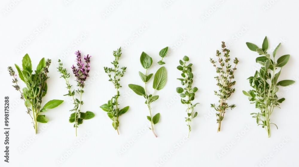 A Row of Fresh Herbs with Lavender Flowers A Row of Fresh Herbs with Lavender Flowers