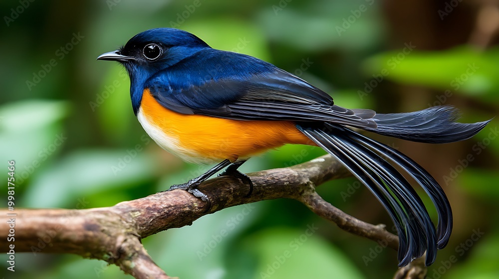 Fototapeta premium Colorful Bird Perched on Branch with Green Background