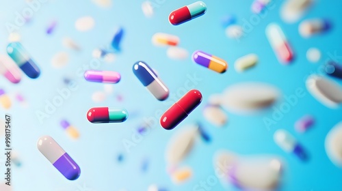 A variety of colorful capsules falling against a blue background.