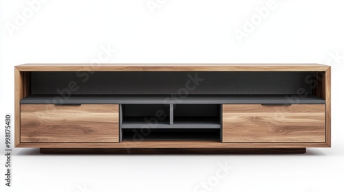 A modern media console with drawers and open shelves, isolated on a white background