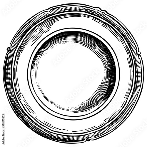 丸い皿の銅版画のベクターイラスト。