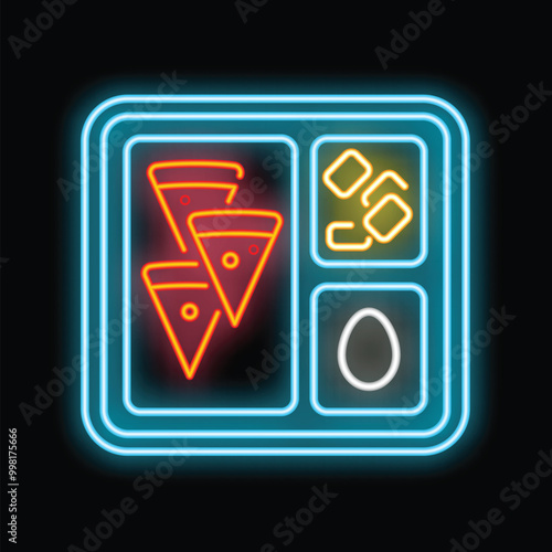Bright neon sign representing a school lunch box filled with tasty treats, a symbol of childhood memories and lunchtime delights