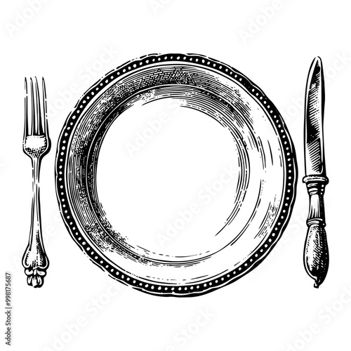 皿とナイフとフォークの銅版画のベクターイラスト。