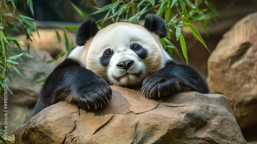 Obraz premium Adorable giant panda bear taking a nap on a rock in a zoo, surrounded by bamboo leaves. A cute moment of relaxation captured in a wildlife setting.