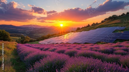 A field of lavender flowers with a solar panel farm in the background at sunset.